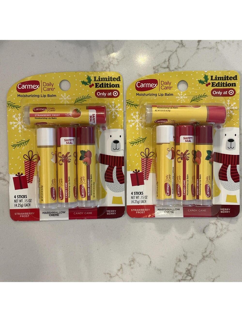 Carmex Daily Care Holiday Variety Set of 4 Lip Balm Sticks Ltd Edition -2 Packs